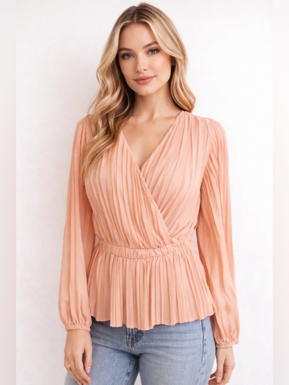 Japna Pleated Wrap Blouse Peach Pink Long Sleeve Flowy Top Size M NWT